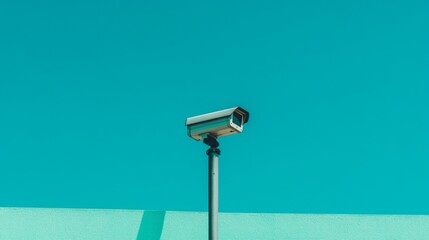 A minimalist shot of a single CCTV camera mounted on a pole, capturing the details of the camera and its mount against a clear blue sky