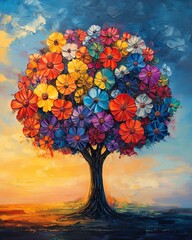 Oil painting of a brain-shaped tree with colorful flowers
