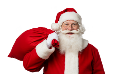 Photo of Santa Claus Smiling Holding a Red Gift Bag Isolated on Transparent Background