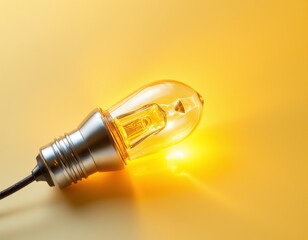 Glowing Filament Bulb on Yellow Background