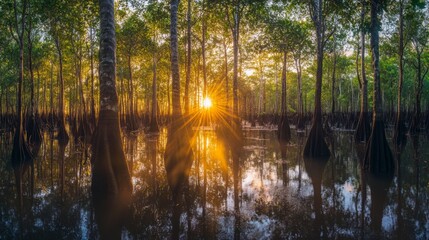 Obraz premium A picturesque mangrove landscape during sunset, with golden rays illuminating the trees and water, creating a tranquil and magical atmosphere