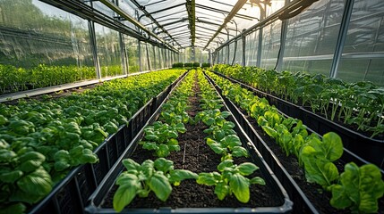 A solar-powered greenhouse growing vegetables year-round, using renewable energy to sustain crops.