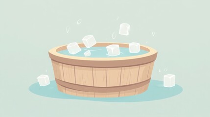 Scandinavian-style flat illustration of an ice bath scene with a wooden tub and small ice cubes, featuring muted colors, minimalist lines, and a clean, functional wellness-inspired visual design
