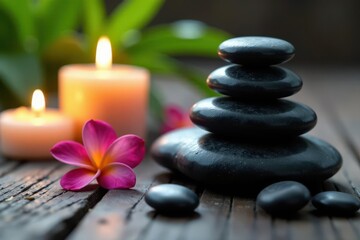 Close-up of massage stones & flowers near candles , indulgence, calm