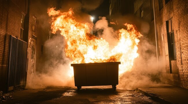 A dumpster fire engulfs a narrow alleyway at night, billowing thick smoke and intense flames against brick walls