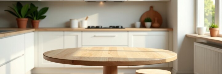 Minimalist round wooden table in bright modern kitchen, room, light