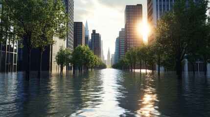 Fototapeta premium A rising tide overtaking a coastal citys waterfront, with water flooding the streets, symbolizing the increasing threat of rising sea levels due to global warming