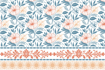 seamless cotton border idea, fashion floral wrapping sketch, one line rose print texture, modern textile design pattern, hand drawn fabric

