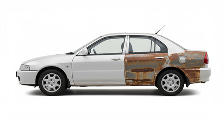 Side view of a white car with rust damage on the rear half against a white background in a studio shot