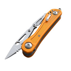 Fototapeta premium Versatile orange multi tool pocket knife gleaming with a sharp serrated on transparent background