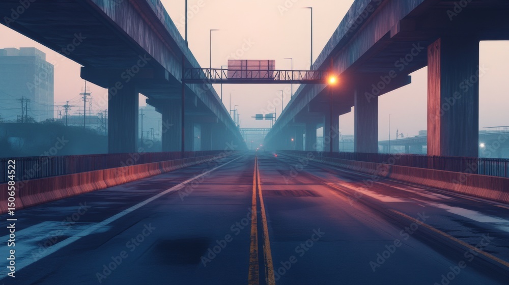 Poster a serene image of an empty expressway during early morning hours, with soft, diffused light and mini