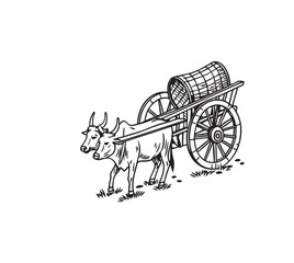 Fototapeta premium Silhouette of a Traditional Indian Bullock Cart Vector Hand Drawn Sketch with Oxen, Rustic Folk Art Style, Isolated on White Background. Vector illustration of a vintage Cow-drawn carriage