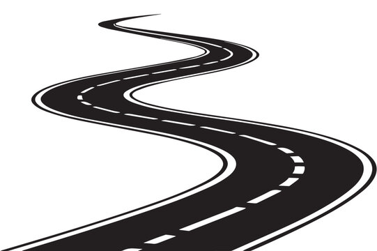 Winding asphalt highway isolated on white, a long journey concept