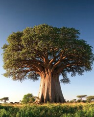 Obraz premium Majestic baobab tree against a clear blue sky. Large, spreading branches, thick trunk, and a vibrant green canopy. Peaceful, natural landscape