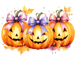 Three Halloween Pumpkins with Purple Bows, Festive Fall Decoration, watercolor illustration