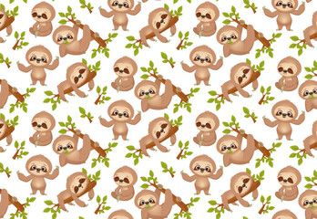 Pattern featuring adorable images of sloths in a variety of playful and casual poses. The design features sloths hanging from branches and sitting, highlighting their leisurely lifestyle. Ideal for us