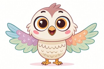 Obraz premium Adorable Pastel Owl with Colorful Wings Cartoon Bird Illustration Cute Baby Animal Design