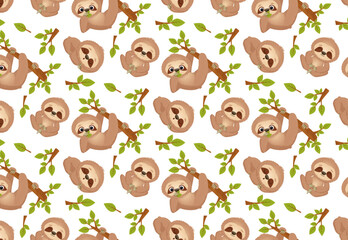 Fototapeta premium Adorable seamless pattern featuring cartoon sloths happily hanging from branches. Perfect for fun designs, wallpapers and fabric prints. The sloths are depicted in a variety of playful poses, adding t