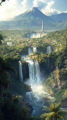 Lush jungle valley with cascading waterfalls and a distant mountain