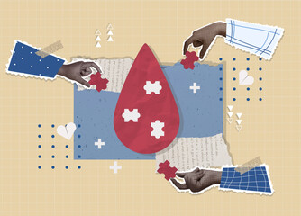 Donation collage featuring hands and health motifs representing community aid. Vector illustration