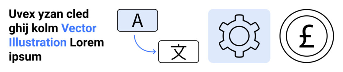 Language translation visualized with alphabet icons, gear for automation, and pound currency. Ideal for technology, business, automation, localization, language learning, apps and simple landing