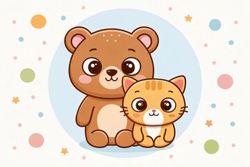 Adorable Cartoon Bear and Kitten Friends Illustration Cute Animal Characters Childrens Book Design