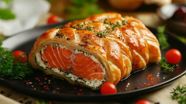 A stunning image of a salmon en crote, wrapped in flaky pastry with herbs and spices, presented elegantly on a platter, showcasing culinary creativity