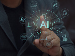 AI commands by pointing at text with your finger High-tech AI  finger touching circuit board display