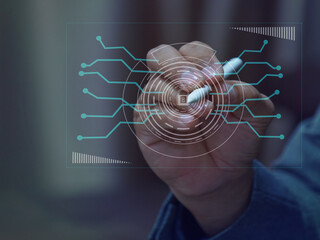 AI commands by pointing at text with your finger High-tech AI finger touching circuit board display
