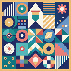 Geometric pattern vector background with Scandinavian abstract color or Swiss geometry prints of rectangles, squares and circles shape design