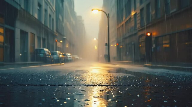 Rain-soaked street in urban setting during foggy evening  