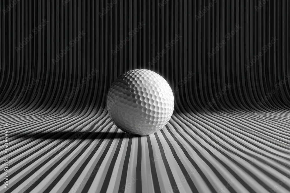 Poster A white textured sphere rests on a horizontally striped platform with a vertically striped background in grayscale in a graphic rendering.