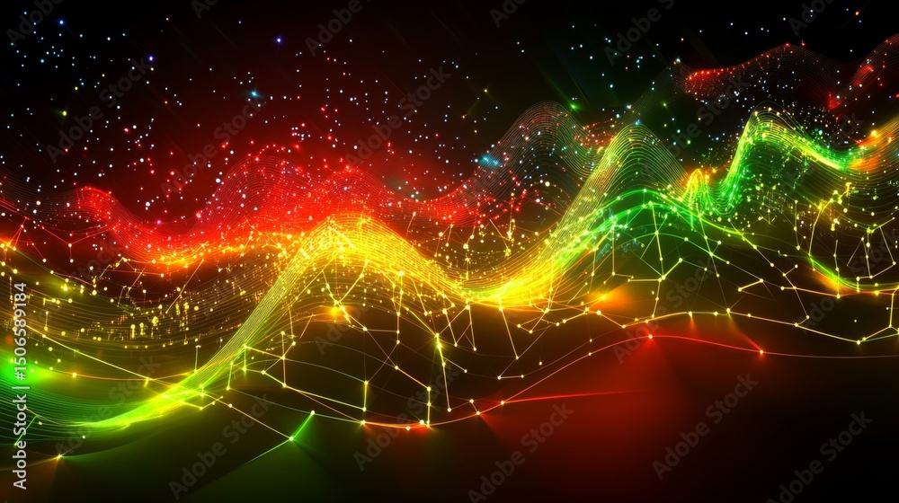 Leinwandbilder A vibrant D stock market graph with interconnected nodes and lines showing a steep upward trend, set against a high-tech, glowing background