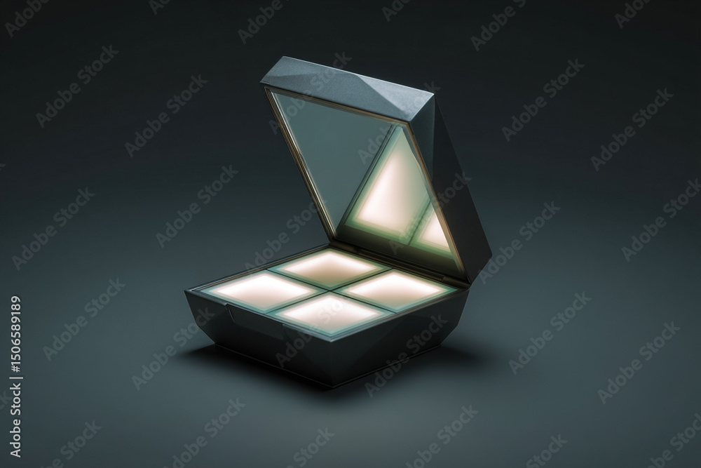 Aufkleber open palette with glowing square compartments and reflective lid, set against a dark background show