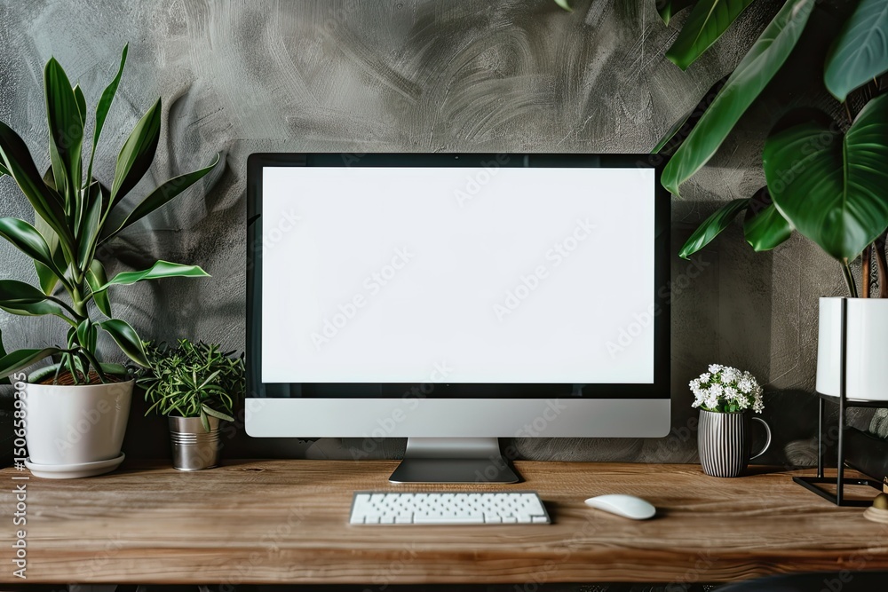Wall mural vibrant image of front view of a computer display on an office desk mockup
