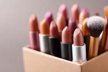 Lipstick and makeup brushes in a box in a beauty studio. The different shades of lipstick create a beautiful display in the container.