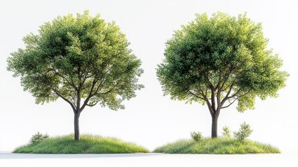 Fototapeta premium Two lush green trees standing on grassy mounds with a few small bushes around, clean white background for isolated presentation.
