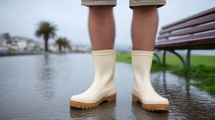 Wet feet in rain boots standing in flooded street.