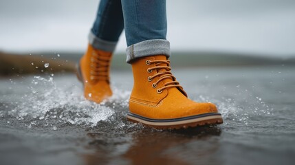 Walking through water in stylish yellow boots, creating splashes.