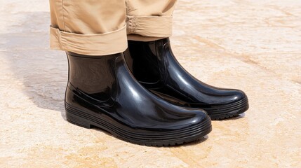 Black rubber boots standing on wet ground with rolled-up pants.