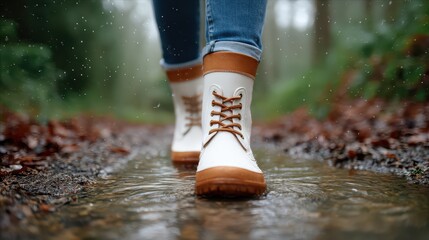 Walking in rain with stylish waterproof boots on a muddy path.