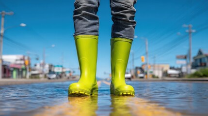 Bright green boots standing in a flooded street under a clear blue sky.