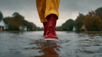 Person walking through flooded street in red boots.