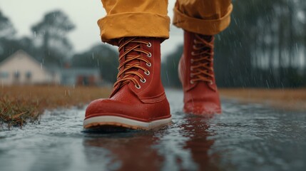 Walking in puddles with red boots on a rainy day.