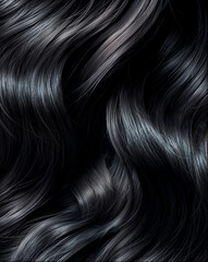 Fototapeta premium Closeup of smooth, shiny black hair strands with soft waves and glossy texture on dark background