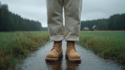 Person standing in boots on a wet path in a grassy field.