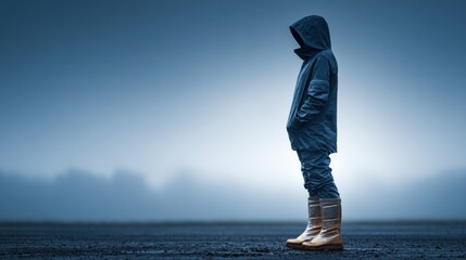 A solitary figure in a hooded coat stands against a foggy background.