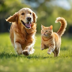 Golden retriever and ginger cat running together in sunny outdoor park with green grass