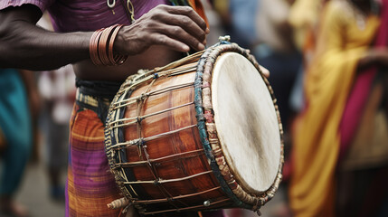 A man plays a dhol drum during a street celebration of Indian Independence Day.