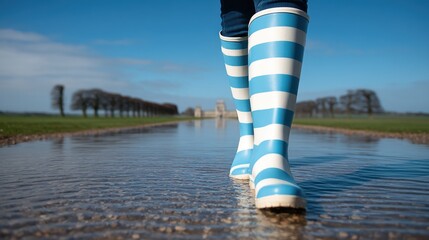 Walking in blue and white striped rain boots through shallow water.
